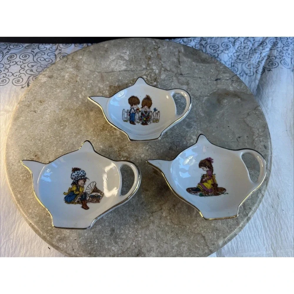 Set Of 3 Petticoats & Pantaloons 1976 Porcelain Tea Bag Holders Dish Excellent